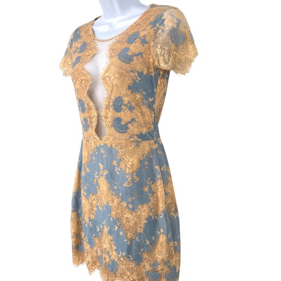 Storia Floral Lace Mesh Short Sleeve Mini Dress Blue Beige Size Small - Picture 6 of 13